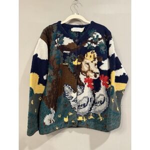 Vintage Eagles Eye Hand Knit Wool Sweater Cow Chicken Farm Duck Med 1990